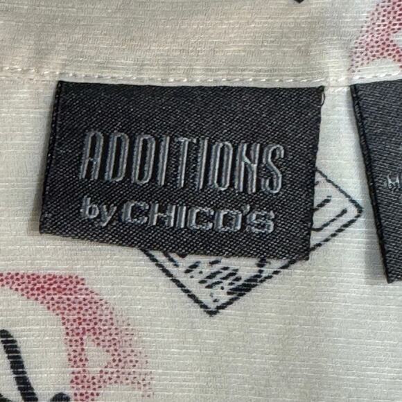 Additions Chico's Linen Silk Button-Up Asian Print Shirt Pink Red Black Women L - Picture 7 of 9